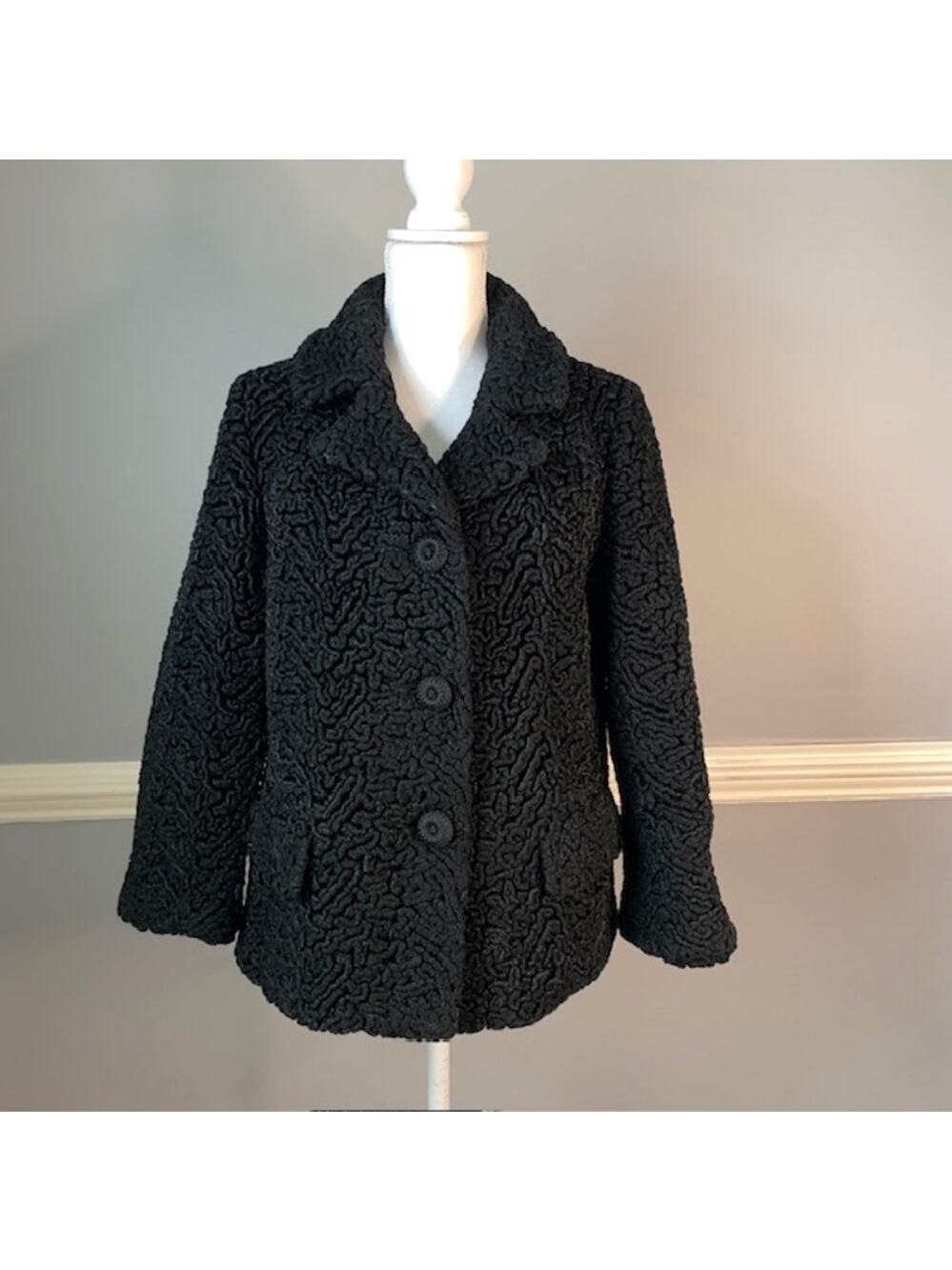 Vintage Black Persian Lamb Faux Fur Jacket Classic Button Front Coat Large